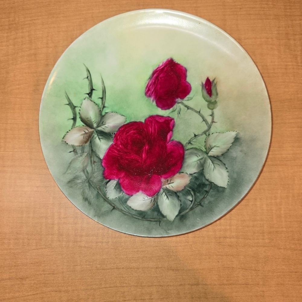 9" Haviland Limoges France Hand-Painted Display Plate Gold Rimmed Rose Red Green - Picture 2 of 8